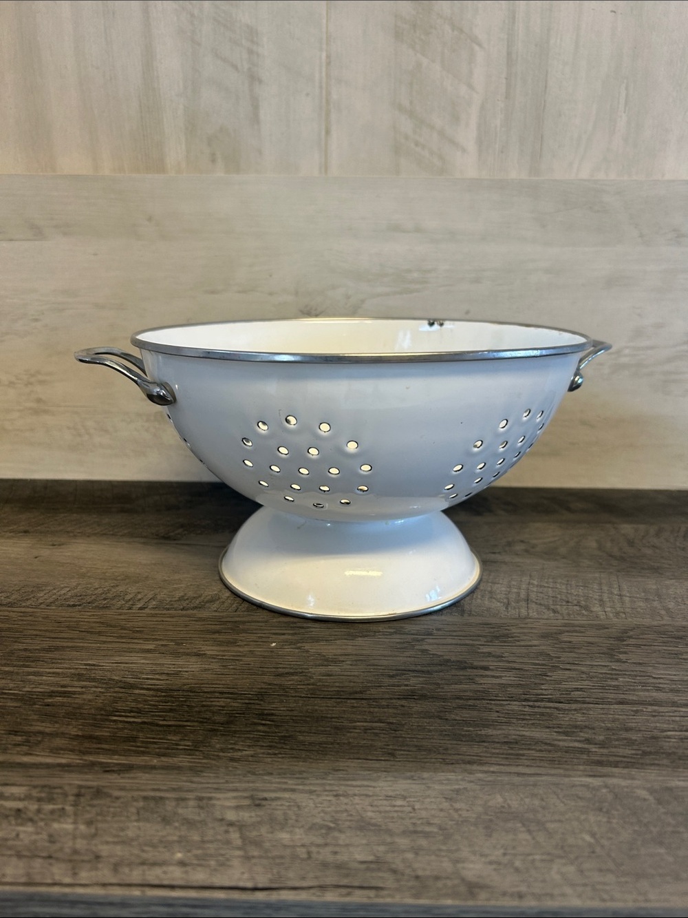 White Enamel Pedestal Colander with Handles